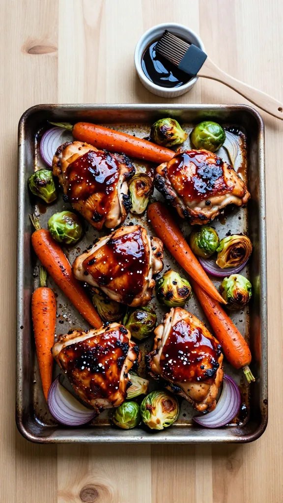 Overhead shot of a rustic sheet pan fresh from the oven on a light wood table: glossy balsamic-glazed chicken thighs nestled among roasted carrots, Brussels sprouts, and red onion wedges. The chicken is lacquered and sticky with a deep mahogany sheen, edges slightly charred. Veggies are caramelized with crisp browned edges and a few blistered spots, scattered sea salt flakes and cracked black pepper visible. A small ramekin of extra balsamic glaze and a silicone brush with a bit of glaze on the bristles sit to the side. Natural late-afternoon window light, soft shadows, no hands, no text, minimal props.