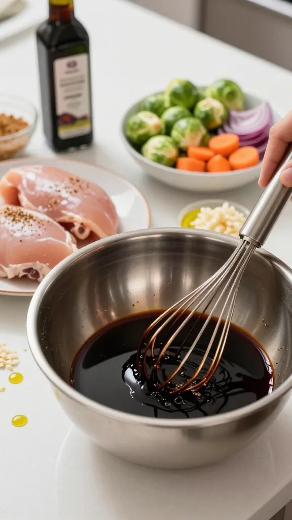 Process scene in a bright home kitchen: close-up of a stainless mixing bowl with a dark, glossy balsamic glaze being whisked—tiny bubbles and light reflections on the surface. Nearby on the counter: raw boneless skinless chicken thighs lightly seasoned on a plate, and a separate bowl of prepped veggies (halved Brussels sprouts, carrot coins, red onion wedges). A bottle of balsamic vinegar, a small dish of brown sugar, minced garlic, and a drizzle of olive oil visible as ingredients. Clean, modern vibe, shallow depth of field focusing on the whisk and glaze texture.