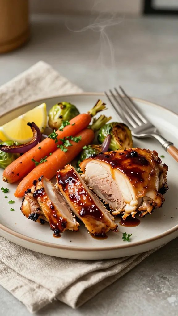 Plated weeknight dinner moment: a ceramic dinner plate with one balsamic-glazed chicken thigh sliced to show juicy interior, glaze pooling slightly. Roasted veggies arranged alongside—carrots, Brussels sprouts, red onion—with caramelized edges and a light sprinkle of chopped fresh parsley. A lemon wedge off to the side for brightness, a fork resting on the plate, and a neatly folded linen napkin. Warm, inviting lighting, subtle steam rising, background softly blurred kitchen surface.
