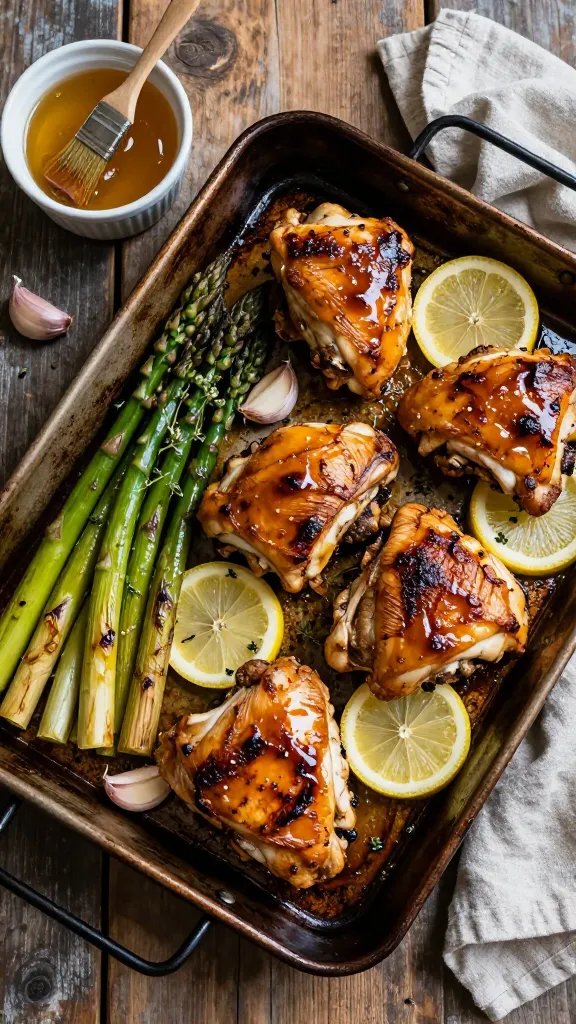 Overhead shot of a rustic sheet pan dinner fresh from the oven: golden-brown chicken thighs glazed with a glossy honey-mustard sauce (visible brushstrokes and caramelized edges), nestled beside vibrant roasted asparagus spears with lightly charred tips. Scattered thin lemon slices, whole garlic cloves, and a sprinkle of fresh thyme leaves. Small ramekin of extra honey-mustard glaze in the corner with a pastry brush coated in sauce. Warm, moody natural lighting, shallow shadows, on a weathered wood table with a folded linen towel nearby. No text.