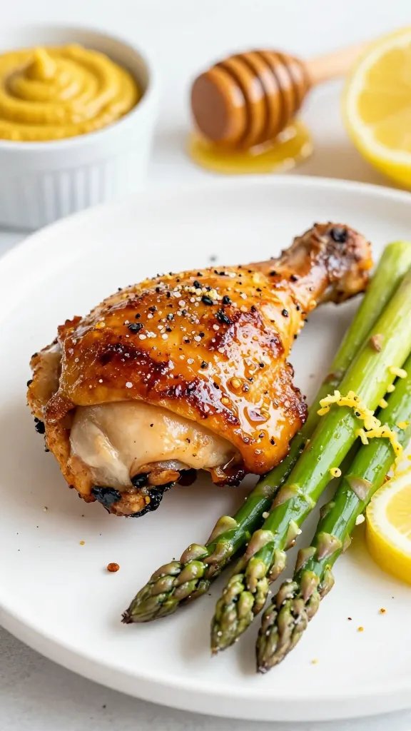 Close-up, three-quarter angle of a single honey-mustard baked chicken thigh plated with a bundle of asparagus: chicken skin blistered and lacquered, micro-beads of glaze catching light, coarse black pepper and sea salt visible. A squeeze of lemon glistens on the asparagus, with finely grated lemon zest and a few mustard seeds dotting the plate. Background softly blurred: a small bowl of whole-grain and Dijon mustard blend, a honey dipper with a drip, and a halved lemon. Bright, appetizing daylight tones. No text.