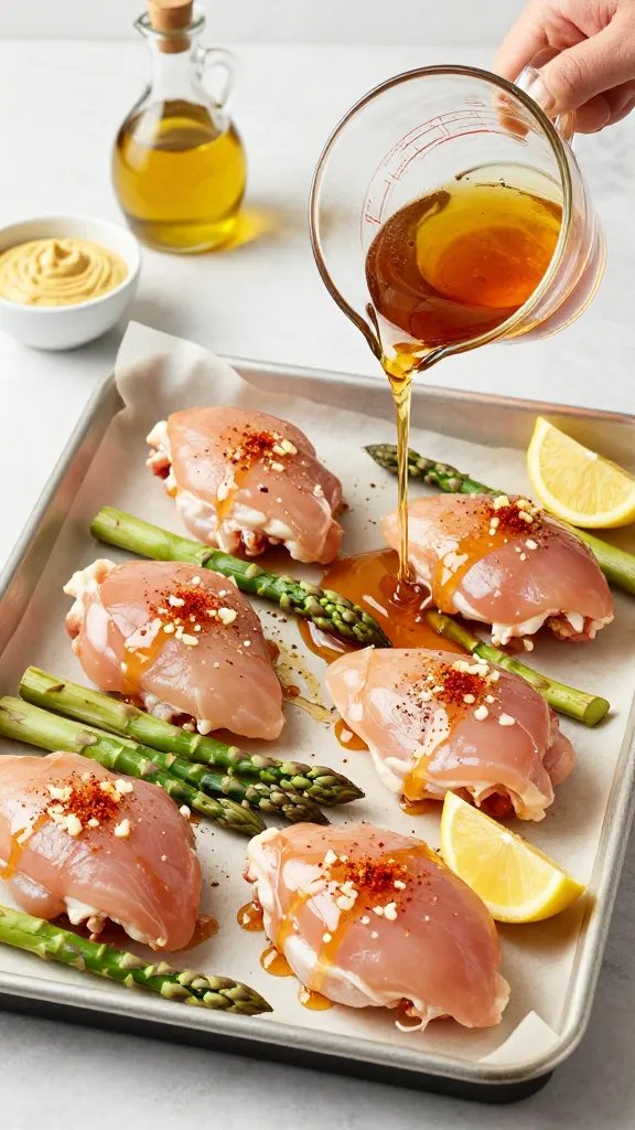 Process scene on a parchment-lined sheet pan before baking: raw chicken thighs evenly spaced, asparagus spears arranged alongside, everything generously coated in a glossy honey-Dijon-garlic sauce being poured from a glass measuring cup mid-stream. Visible minced garlic, flecks of paprika, and cracked pepper in the sauce; lemon wedges tucked around. Overhead composition with neat mise en place—small bowls of honey, Dijon, whole-grain mustard, and olive oil to the side. Clean, airy kitchen light with crisp detail. No text.