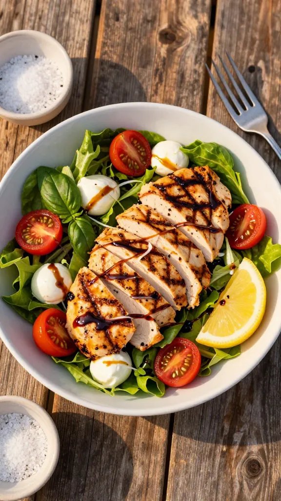 Overhead shot of a vibrant grilled chicken caprese salad in a wide, shallow white bowl on a rustic wooden patio table at golden hour. Sliced, juicy grilled chicken breasts with defined grill marks are fanned over a bed of mixed baby greens. Halved cherry tomatoes glisten, scattered among torn fresh basil leaves and bite-size ciliegine mozzarella. A glossy balsamic glaze is drizzled in thin ribbons, with a light sheen of olive oil. Add a lemon wedge, a small bowl of flaky salt, and a vintage fork to the side. Warm, summery natural light, soft shadows, no text.