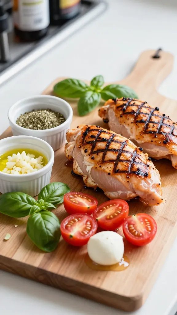 Close-up, three-quarter angle of a cutting board scene mid-prep: marinated chicken breasts just off the grill with charred crosshatch marks, a small ramekin of dried Italian seasoning, a dish of minced garlic slicked with olive oil, and a pile of halved ripe cherry tomatoes. Nearby are torn basil leaves and small mozzarella balls lightly dotted with moisture. In the background, a bottle spout drips balsamic glaze. Clean, modern kitchen setting, shallow depth of field, natural daylight.
