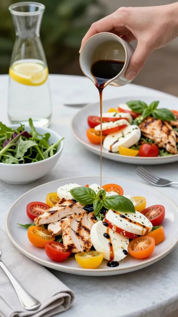 Dynamic plated dinner for two on an outdoor table: two plates of caprese salad topped with sliced grilled chicken, colorful cherry tomato medley (red, yellow, orange), creamy mozzarella, and basil ribbons. A hand is shown pouring a thin stream of balsamic glaze over one plate, catching the light. Include a small bowl of extra greens, a carafe of water with lemon, and a linen napkin. Soft evening light with a summery vibe, crisp detail, appetizing color contrast, no text.