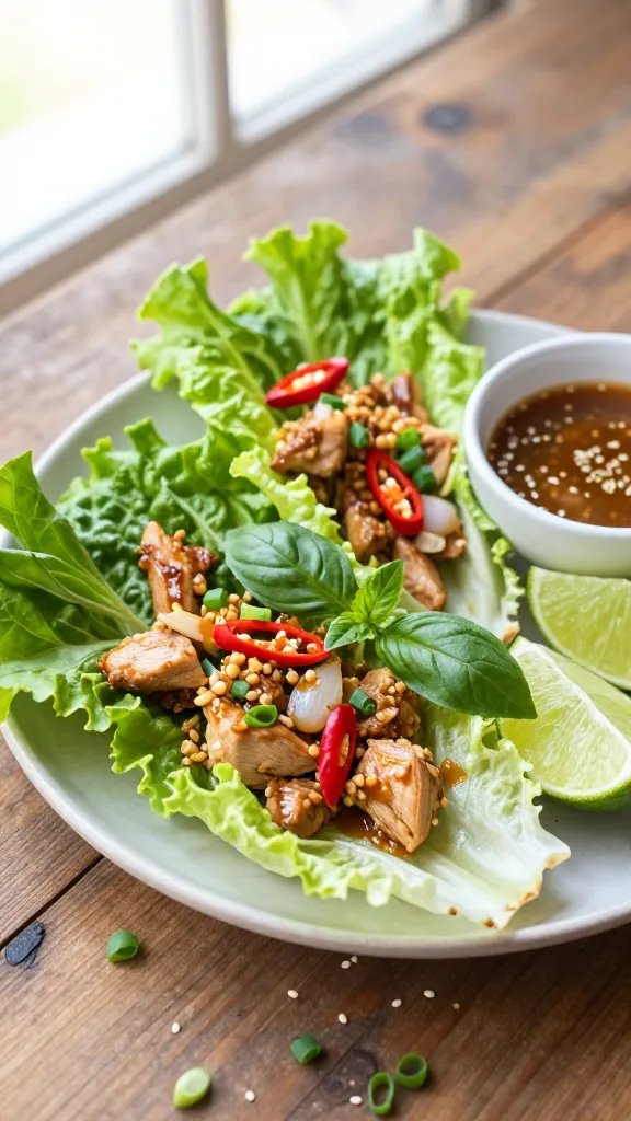 Overhead shot of a rustic wooden table set with a platter of Thai basil chicken lettuce cups: crisp butter lettuce leaves filled with juicy ground chicken studded with minced garlic, shallot, and thin slices of red Thai bird’s eye chiles, glossy from a savory tamari-fish sauce glaze. Fresh Thai basil leaves are tucked into each cup, with lime wedges and a small dipping bowl of sauce on the side. Add scattered sliced scallions and sesame seeds for texture, soft natural window light, shallow depth of field, no text.
