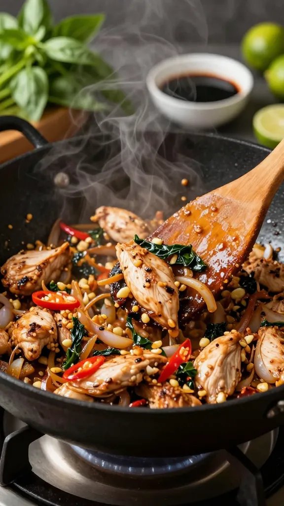 Close-up macro of sizzling ground chicken in a black carbon-steel wok on a gas burner: visible bits of minced garlic and shallot caramelizing, thin red chili slices, and torn Thai basil just wilting from the heat. A wooden spatula tosses the mixture, steam rising, with a glistening, slightly sticky sauce clinging to the chicken. Background hints of ingredients: a bunch of Thai basil, a small bowl of tamari, fish sauce, and limes out of focus, dramatic side lighting.