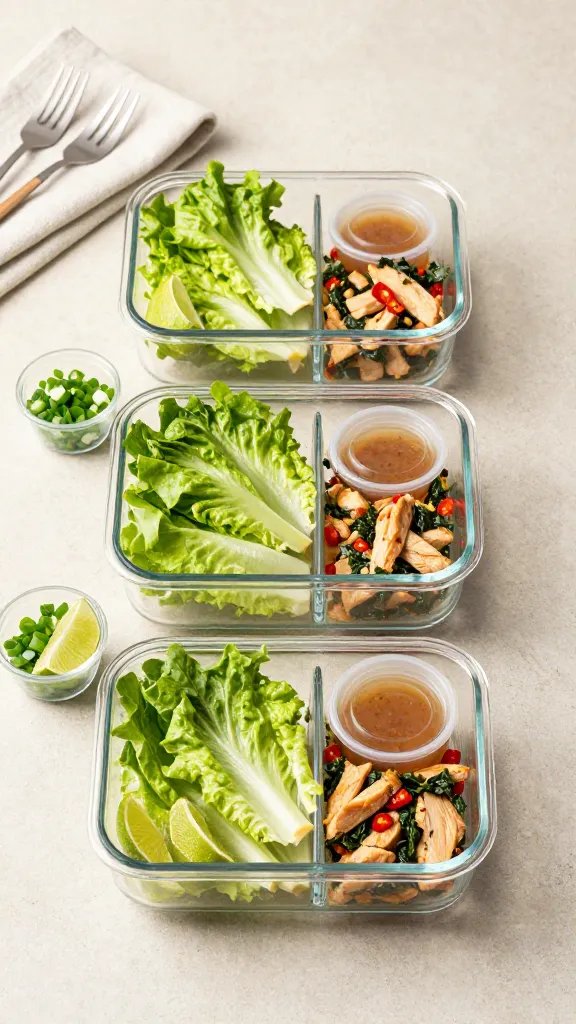 Meal-prep scene with modern minimal styling: three glass containers neatly lined up, each holding separated components—stacked butter lettuce leaves, a compartment of Thai basil chicken filling with visible red chili slices, and a small lidded ramekin of sauce. Garnishes (lime wedges, chopped scallions) in tiny side cups. Neutral stone countertop, soft top-down lighting, clean utensils and a folded linen napkin nearby, fresh and vibrant colors emphasized, no text.