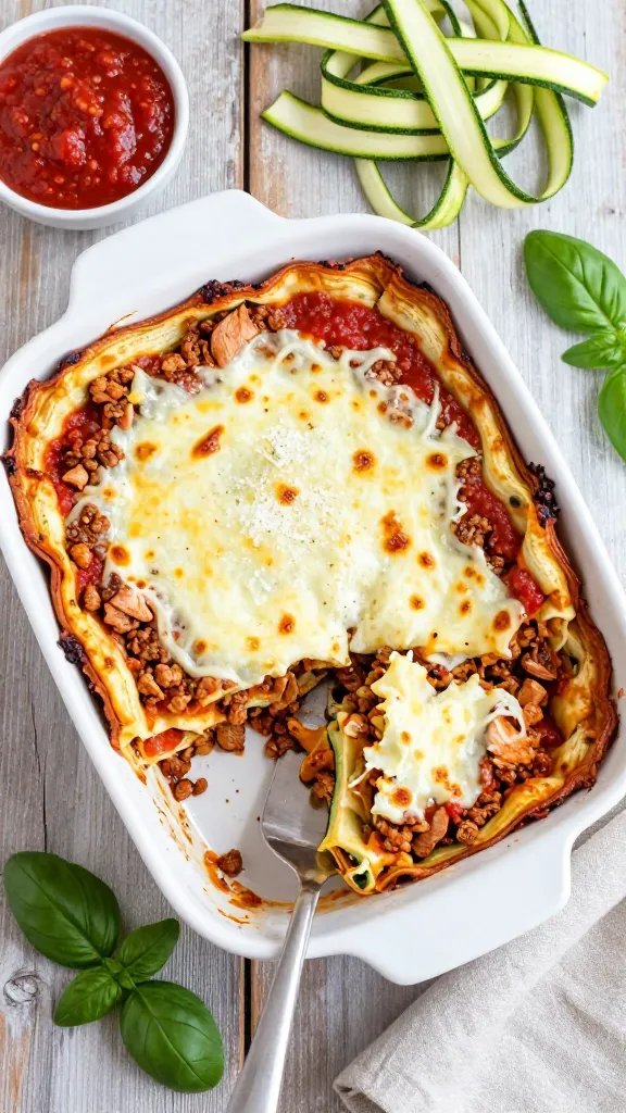 Overhead shot of a freshly baked zucchini lasagna in a white ceramic baking dish on a rustic wooden table. Visible thin, golden-edged zucchini ribbons layered with rich red marinara, browned lean ground turkey crumbles, and melted mozzarella with light browning and specks of grated Parmesan. A serving spatula lifts a square slice showing distinct layers. Around the dish: a small bowl of marinara, a pile of raw zucchini ribbons, fresh basil leaves, and a linen napkin. Bright natural light, minimal shadows, no text.