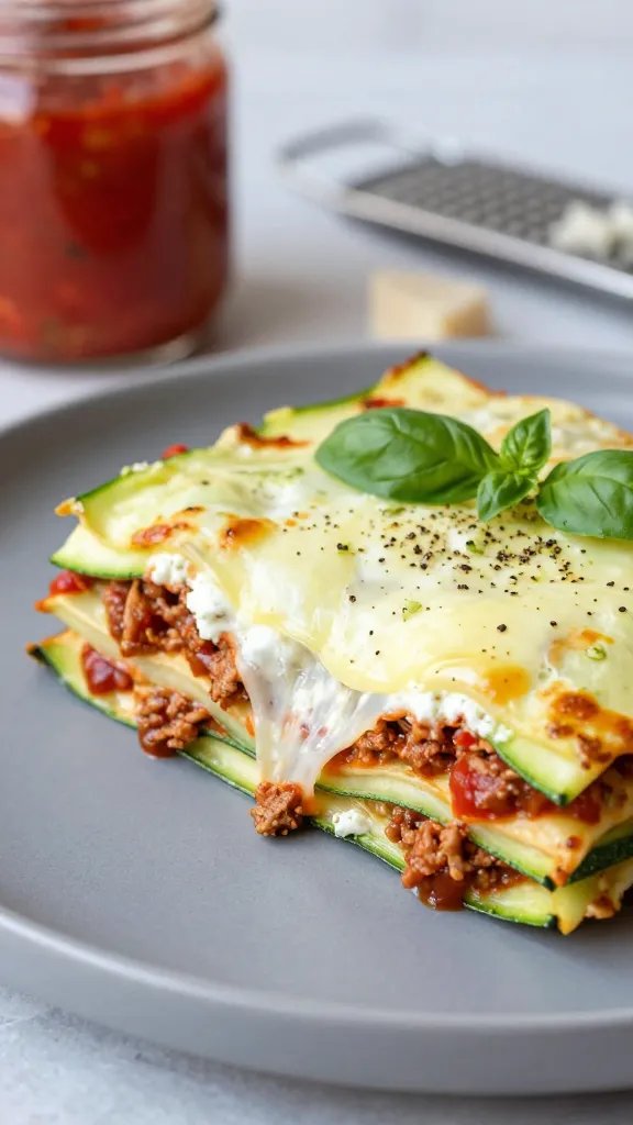 Close-up, side-angle cross-section of a single plated slice of zucchini lasagna on a matte gray plate. Distinct, neat layers: thin zucchini sheets, savory turkey ragu in tomato sauce, creamy ricotta, and stretchy mozzarella with a slight cheese pull. Garnished with torn basil and a light sprinkle of black pepper. Background includes a blurred second slice, a jar of no-sugar-added marinara, and a microplane with Parmesan shavings. Soft daylight, shallow depth of field.