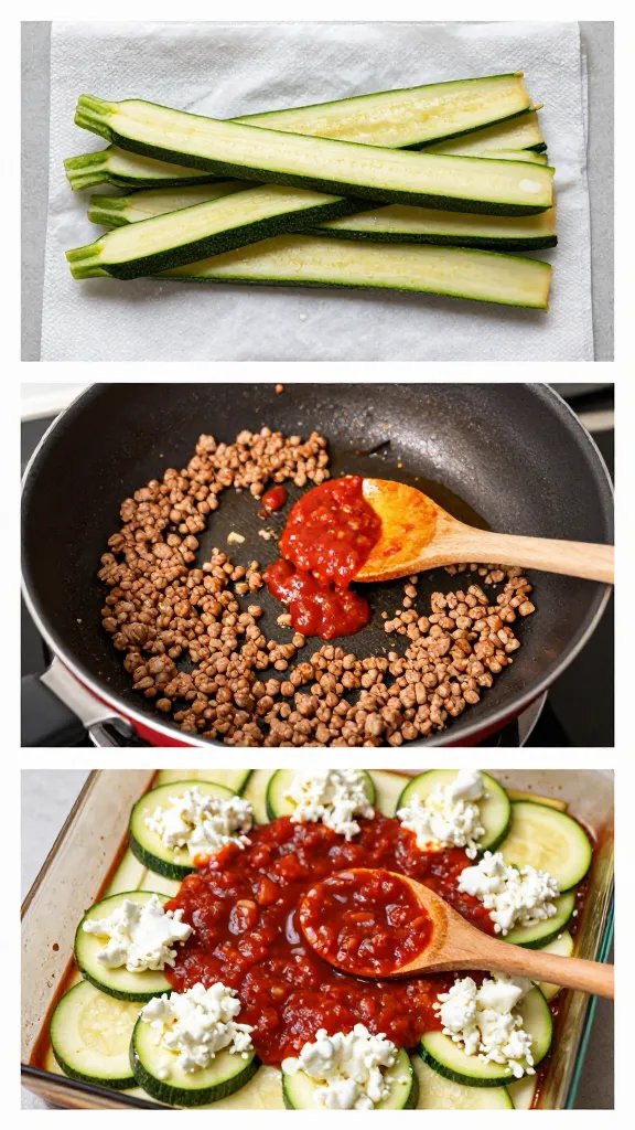 Step-by-step style collage in a single frame: three panels arranged horizontally. Panel 1: raw zucchini ribbons laid out on paper towels with a light sprinkle of salt, beads of moisture visible. Panel 2: skillet scene with lean ground turkey browning, wooden spoon stirring, spoonful of bright marinara just added. Panel 3: assembly in a baking dish—first layer of zucchini, then a spoon spreading sauce and dollops of ricotta, scattered mozzarella. Consistent overhead angle, clean kitchen surface, natural lighting.