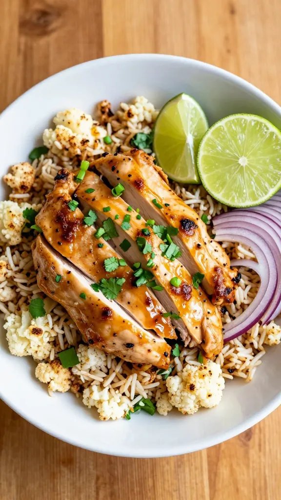 Overhead shot of a vibrant bowl of cilantro lime chicken and cauliflower rice: golden, juicy chicken thighs sliced and fanned over fluffy cauliflower rice that’s lightly toasted and speckled with browned bits; bright green cilantro leaves and finely chopped stems sprinkled over top; glossy lime wedges and a lime half with visible zest; thinly sliced red onion for contrast; a drizzle of pan drippings glistening; served in a matte white shallow bowl on a warm, sunlit wooden table with soft natural light, shallow depth of field, no text, restaurant-fancy styling.