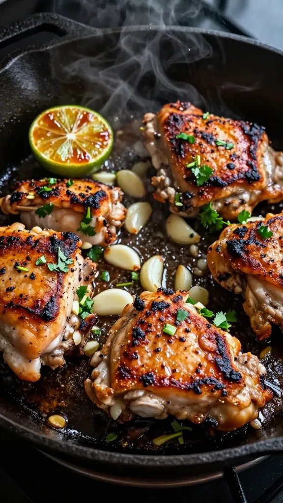 Close-up of the cooking process in a cast-iron skillet: chicken thighs searing to a deep golden crust with visible charred edges, steam rising; smashed garlic cloves and lime zest scattered in the pan; a halved lime face-down caramelizing in a corner; fresh cilantro stems tossed in, starting to wilt; rich brown drippings pooling; shot at an angle that emphasizes texture and sizzle, moody side lighting, high-contrast, no text.