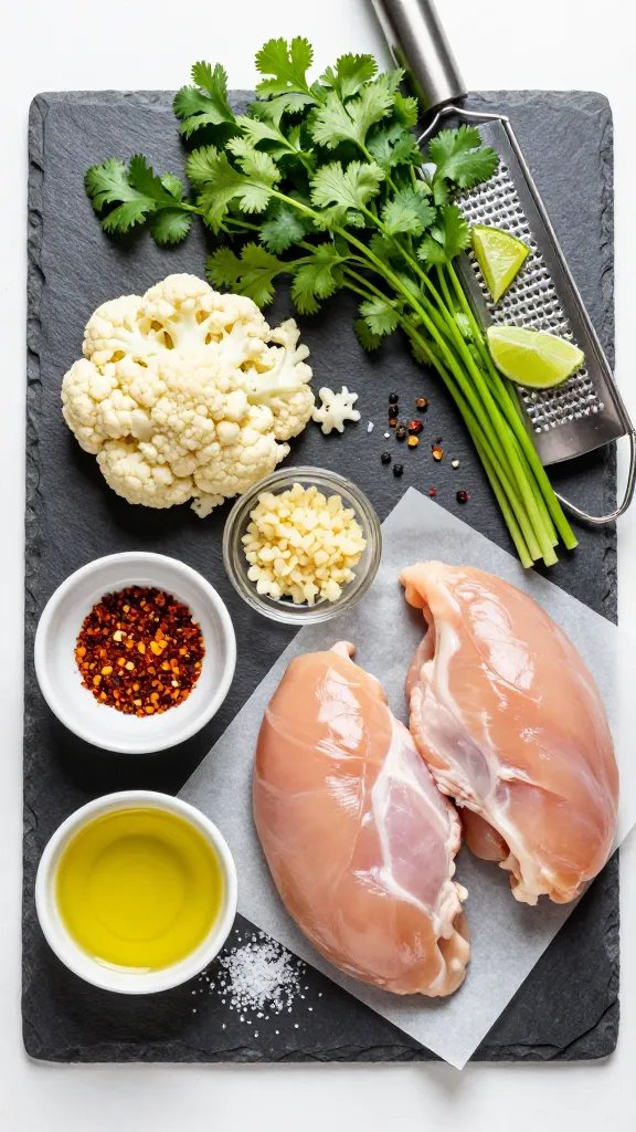Fresh, bright mise en place on a dark slate board: small pile of riced cauliflower, a bunch of cilantro with stems prominently displayed, a microplane with fresh lime zest clinging to it, a small bowl of minced garlic, a small dish of chili flakes for optional heat, glistening raw chicken thighs patted dry on parchment, a small bowl of olive oil, coarse salt and cracked pepper scattered; overhead composition, crisp daylight, clean modern aesthetic, no text.