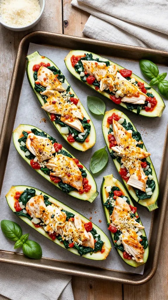 Overhead shot of a rustic baking tray holding eight chicken and spinach stuffed zucchini boats: halved medium zucchinis hollowed out, filled with finely chopped sautéed chicken breast, garlicky wilted spinach, diced onions, and a light tomato-garlic sauce, topped with a golden, slightly bubbly mozzarella-parmesan blend and a sprinkle of red pepper flakes. Add fresh basil leaves scattered around, a small bowl of grated parmesan, and a linen napkin on a wooden table. Natural window light, high contrast, crisp detail, no text.