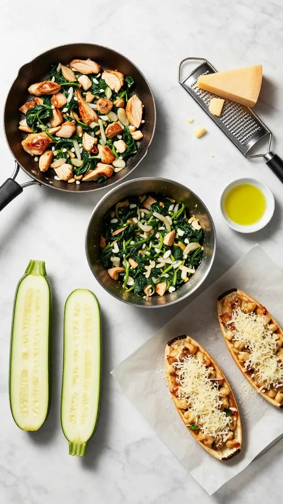 Step-by-step style composition on a marble countertop: front-left shows four raw zucchini halves with centers scooped out; back-left a skillet with diced chicken, spinach, garlic, and onions glistening; center a mixing bowl holding the finished filling; right side two assembled boats on a parchment-lined sheet, lightly dusted with cheese ready to bake. Include a microplane grater with cheese shavings and a small dish of olive oil. Clean, bright overhead lighting, minimal shadows, no text.