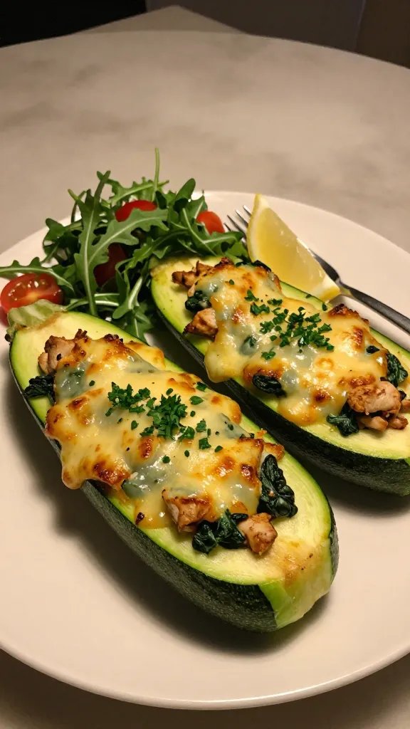 Cozy weeknight dinner plating: two stuffed zucchini boats on a matte white plate, cheese browned and melty with visible spinach and chicken pieces, garnished with chopped parsley and a squeeze of lemon. Place a simple side salad (arugula with cherry tomatoes) and a fork to the side. Warm, evening indoor lighting with soft shadows, shallow depth of field focusing on the texture of the filling and the tender zucchini, no text.