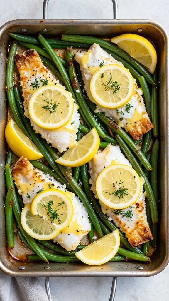 Overhead shot of a sheet pan dinner just pulled from the oven: four flaky baked cod fillets nestled among crisp-tender green beans. Each cod fillet is topped with a glossy melted butter drizzle, finely chopped fresh dill, and thin lemon slices; a few lemon wedges scattered on the pan. Light golden edges on the fish, slight blistering on the green beans with sea salt flakes and cracked black pepper visible. Bright, natural window light, minimal rustic kitchen backdrop, no text, no hands.