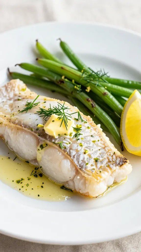Close-up, 3/4 angle of a plated serving: one cod fillet with visible moist flakes, a sheen of buttery lemon-dill sauce pooling slightly on the plate, and a generous side of roasted green beans. Fresh dill sprigs and micro-zest of lemon sprinkled over the top, a small pat of melting butter on the fish, and a lemon wedge on the side. Clean white plate on a neutral linen, soft daylight, shallow depth of field to emphasize texture.