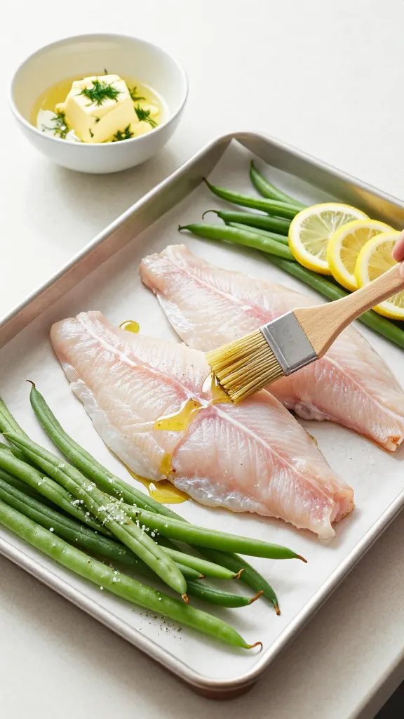 Process scene on a countertop before baking: raw cod fillets arranged on a parchment-lined sheet pan with trimmed green beans around them. A small bowl of melted butter with flecks of chopped dill, a brush just used to glaze the fish, and thin lemon rounds ready to place. Drizzle of olive oil on the beans, visible coarse salt and pepper. Bright, airy kitchen light, natural color palette, tidy composition, no text.