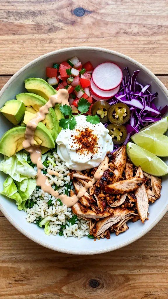 Overhead shot of a vibrant low-carb turkey taco bowl in a wide, shallow ceramic bowl: seasoned ground turkey (slightly browned, juicy) piled over a half-and-half base of cilantro-lime cauliflower rice and shredded romaine. Surround with neat sections of toppings: diced avocado, pico de gallo, thinly sliced radishes, shredded purple cabbage, sliced jalapeños, and a dollop of sour cream with a sprinkle of smoked paprika. Garnish with fresh cilantro, lime wedges on the side, and a light drizzle of creamy chipotle sauce. Natural daylight, rustic wooden table, soft shadows, no text.