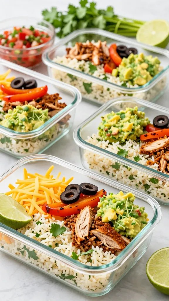 Close-up, three-quarter angle of a meal-prep scene: multiple glass containers filled with low-carb turkey taco bowls. Each container shows a bed of sautéed cauliflower rice flecked with cilantro and lime zest, topped with taco-seasoned ground turkey, roasted bell pepper strips, black olive slices, and a spoonful of guacamole. Add a side compartment of shredded cheese and a wedge of lime. Background includes a small bowl of salsa, a bunch of fresh cilantro, and a lime cut in half. Clean, bright kitchen light, minimal props, no text.