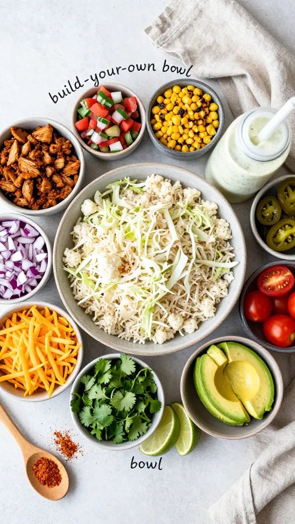 Overhead “build-your-own bowl” spread on a light stone surface: central empty bowl with cauliflower rice and shredded iceberg mix as the base; surrounding small bowls filled with components—spiced ground turkey, pico de gallo, corn salsa made with charred corn (light portion), diced red onion, pickled jalapeños, sliced cherry tomatoes, diced avocado, shredded cheddar, fresh cilantro, lime wedges, and a squeeze bottle of creamy cilantro-lime dressing. Include a wooden spoon with taco seasoning scattered nearby and a folded neutral linen. Fresh, colorful, appetizing, no text.