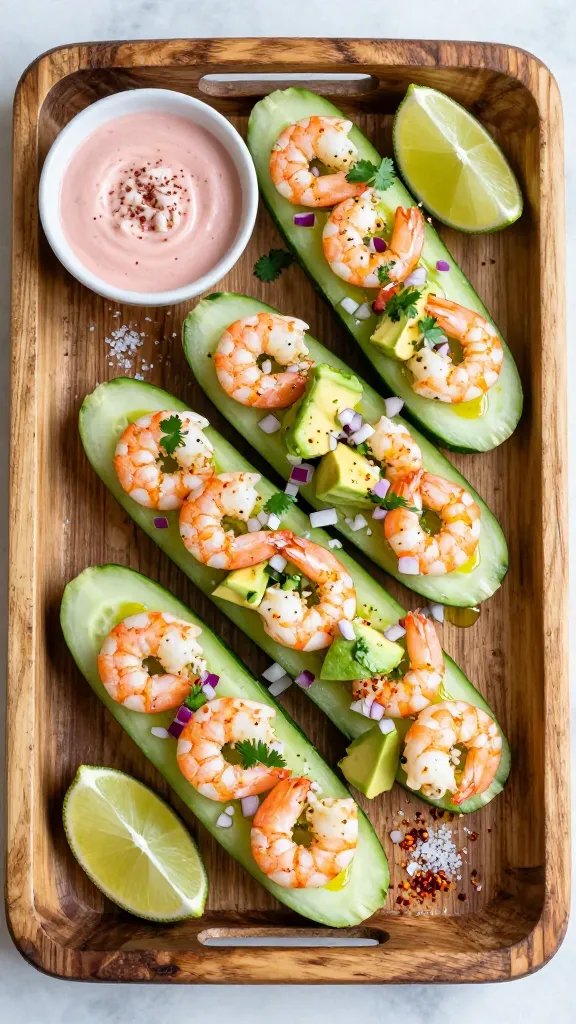 Overhead shot of a rustic wooden tray filled with halved English cucumbers scooped into “boats,” each packed with lime-marinated shrimp, diced creamy avocado, finely chopped red onion, and cilantro. Drizzle of olive oil glistening, light sprinkle of flaky sea salt and chili flakes, lime wedges on the side, small bowl of pink garlic-lime dressing in the corner. Bright natural daylight, soft shadows, crisp detail, no text.