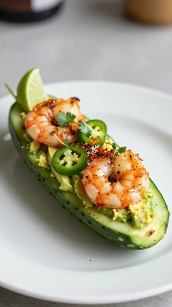 Close-up, 45-degree angle of a single cucumber boat on a matte white plate: plump, lightly seared shrimp with caramelized edges tucked into the cucumber hull, mashed avocado base, thin jalapeño slices, micro cilantro, and a dusting of smoked paprika. Coarse salt crystals visible, a squeeze of lime mid-drip captured, shallow depth of field with a blurred neutral kitchen background.
