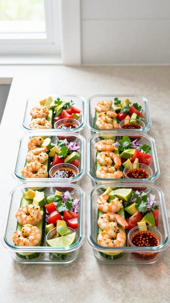 Meal-prep scene: four glass containers lined up on a cool stone countertop, each holding neatly arranged cucumber boats topped with garlicky shrimp, avocado chunks, diced tomato, red onion, and cilantro. Small ramekins of lime wedges and chili oil included in each container. Overhead composition, bright fresh colors, clean minimal aesthetic, natural window light, no text.