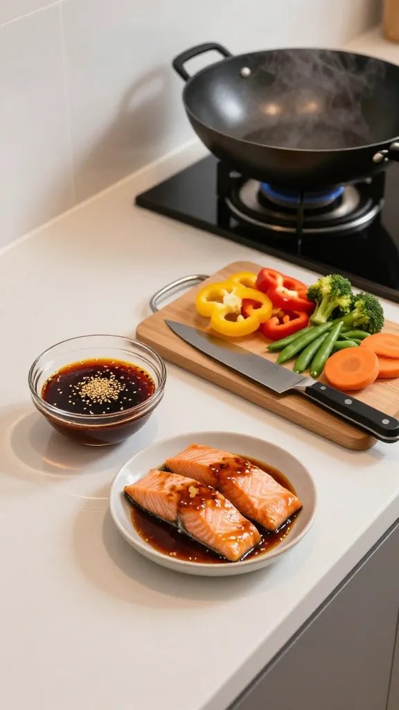 Overhead shot of a modern home kitchen countertop during dinner prep: a small glass bowl of glossy homemade teriyaki sauce with visible sesame seeds and minced garlic, two salmon fillets marinating in a shallow dish with a light sheen of sauce, a chef’s knife beside a cutting board with neatly chopped bell peppers (red and yellow), broccoli florets, snap peas, and sliced carrots. A pre-heated wok on the stove with a faint wisp of steam, warm evening light, clean minimal aesthetic, no text, high-detail food photography.