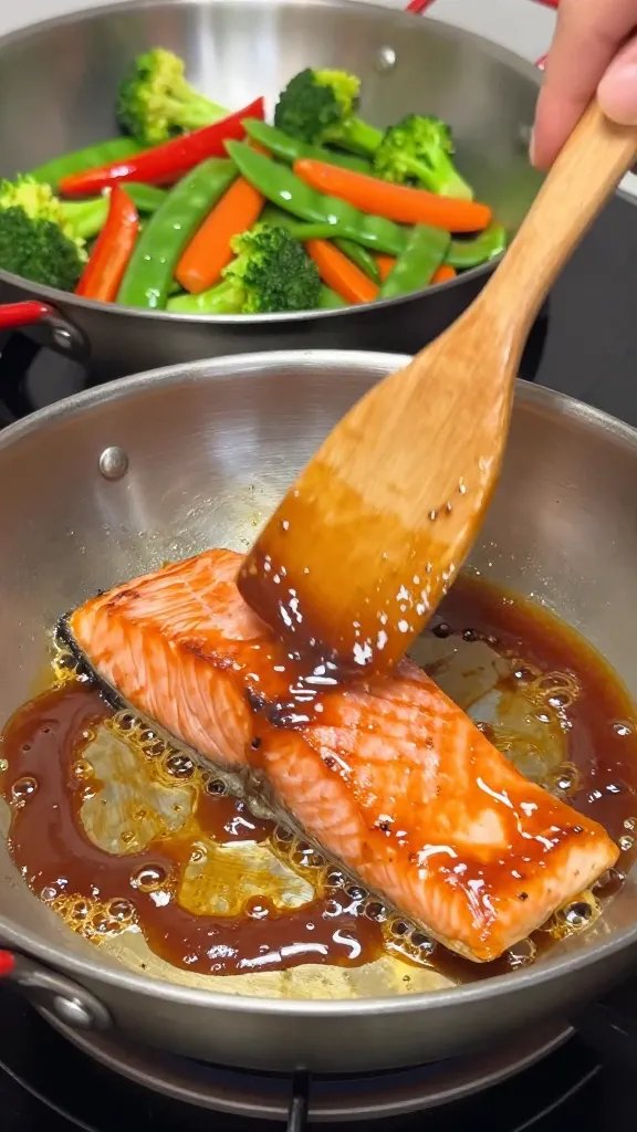 Action scene in a stainless steel skillet: salmon fillets skin-on, searing and being glazed with a thick, caramelizing teriyaki sauce that bubbles around the edges, lacquered surface catching light. In the background, a second pan with vibrant stir fry veggies (broccoli, red pepper, snap peas, carrots) tossed in a light sheen of oil. Wooden spatula mid-motion blur, stovetop ambiance, shallow depth of field, restaurant-quality look, no text.