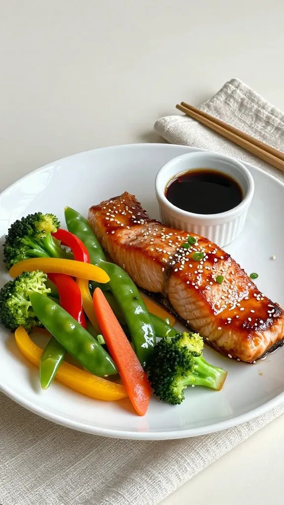 Finished 30-minute dinner plated: a wide white ceramic plate with a perfectly glazed teriyaki salmon fillet sprinkled with toasted sesame seeds and a few chopped scallions, alongside a colorful stir fry of crisp-tender veggies (broccoli, red and yellow peppers, snap peas, carrots) with a subtle shine. A small ramekin of extra sauce on the side, pair of chopsticks resting on a linen napkin, neutral background, soft natural light from the side, clean, appetizing close-up, no text.