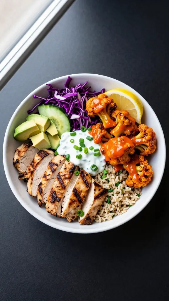 Overhead shot of a vibrant Buffalo Cauliflower & Grilled Chicken bowl on a matte black table: char-grilled chicken breast sliced into strips with visible grill marks, roasted buffalo cauliflower florets glossy with bright orange-red sauce, fluffy cilantro-lime brown rice as the base, crunchy shredded purple cabbage, thin-sliced cucumbers, diced avocado, a drizzle of creamy Greek yogurt ranch, scattered chopped scallions, and a lemon wedge on the rim. Natural window light, soft shadows, high detail, no text, clean modern plating in a wide white ceramic bowl.