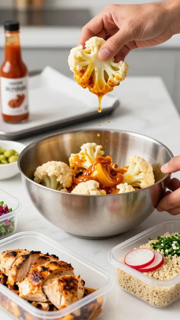 Action scene in a home kitchen: a hand tosses cauliflower florets in a stainless mixing bowl with buffalo sauce, droplets mid-air, while prepped bowl components surround it—meal-prep containers of grilled chicken, cooked quinoa, sliced radishes, and chopped herbs. Background shows a sheet pan lined with parchment and a bottle of hot sauce. Bright, appetizing lighting, shallow depth of field focusing on the sauced cauliflower, contemporary, no text.