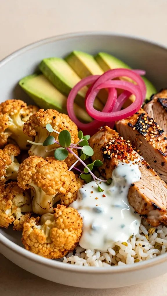 Close-up macro of the finished bowl emphasizing texture contrast: crispy-edged buffalo cauliflower, juicy grilled chicken slice, crunchy pickled red onion curls, creamy avocado fan, and a light drizzle of yogurt ranch pooling slightly on herbed rice. Garnished with microgreens and a sprinkle of smoked paprika and sesame seeds. Warm natural light, high contrast, minimal background, modern foodie aesthetic, no text.