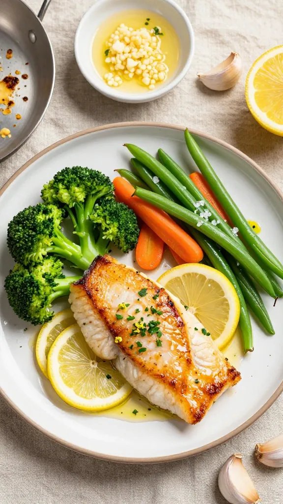 Overhead shot of a rustic, warmly lit dinner plate featuring two golden pan-seared tilapia fillets glistening with a light garlic butter sauce, sprinkled with fresh lemon zest and chopped parsley; thin lemon slices tucked alongside the fish; a side of vibrant steamed broccoli, thin carrot coins, and green beans lightly glossed with olive oil and flaky sea salt; small dish of melted butter with minced garlic in the background; a halved lemon, garlic cloves, and a stainless skillet with browned butter bits off to the side on a neutral linen—clean, modern, appetizing, no text.