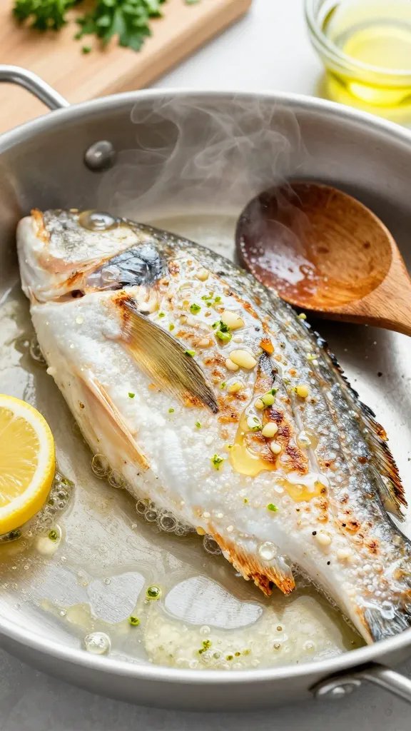 Close-up, 45-degree angle of tilapia in a stainless skillet mid-cook: fillets lightly browned at the edges, butter melting with visible minced garlic and micro-bubbles, lemon zest speckled across the surface, a squeeze of lemon juice captured as droplets; steam rising; wooden spoon resting on the rim; background hints of a cutting board with chopped parsley and a small bowl of olive oil—bright, natural kitchen light, crisp detail, no text.