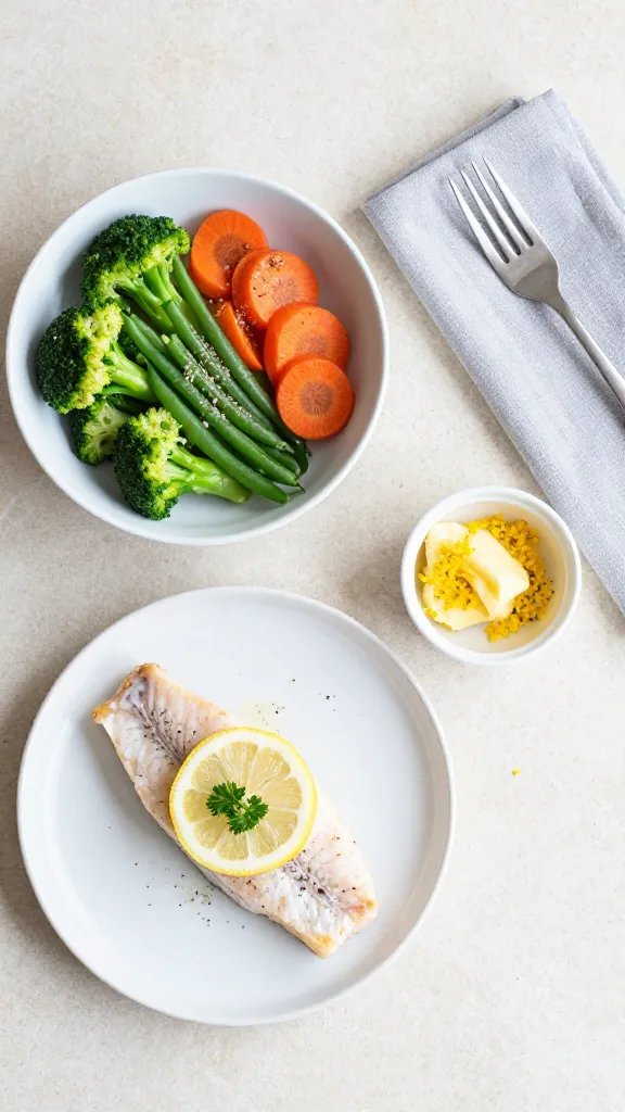 Minimal, modern meal-prep scene: a white shallow bowl with neatly arranged steamed veggies (broccoli florets, green beans, and thin carrot rounds) lightly seasoned with black pepper and flaky salt; beside it, a separate plate with a single tilapia fillet topped with a thin lemon wheel and parsley; a microplane with fresh lemon zest, a small ramekin of garlic butter, and a folded gray napkin with a fork; soft daylight, clean composition on a light stone surface—fresh, balanced, weeknight vibe, no text.