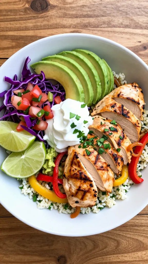Overhead shot of a vibrant chicken fajita bowl without tortillas: seared, thin-sliced chicken breast with light char; sautéed red and yellow bell peppers and caramelized onion strips; fluffy cilantro-lime cauliflower rice as the base; toppings of sliced avocado fan, fresh pico de gallo, shredded purple cabbage for crunch, dollops of guacamole and Greek yogurt (sour-cream style), lime wedges, and a sprinkle of chopped cilantro. Natural daylight, clean white ceramic bowl on a rustic wood table, no utensils, no text, appetizing steam visible.