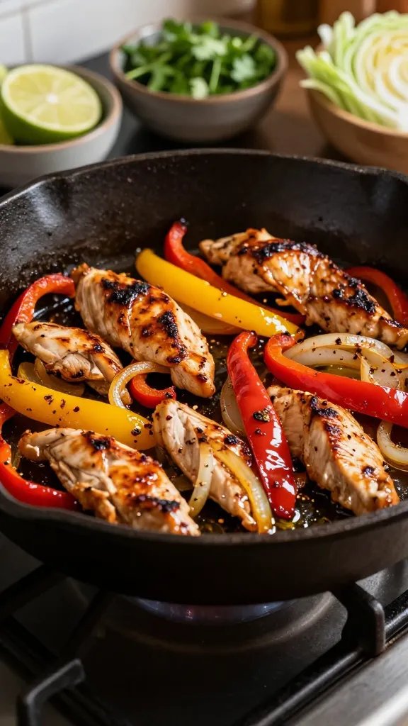 Close-up, three-quarter angle of a cast-iron skillet on a stovetop with sizzling fajita chicken and peppers: juicy strips of chicken with browned edges, red and yellow peppers and onions slightly blistered, a glossy sheen from olive oil, visible specks of chili, cumin, and smoked paprika. In the background, small prep bowls with lime halves, chopped cilantro, and sliced cabbage ready for bowl assembly. Warm directional light, shallow depth of field to emphasize texture and sear, no text.
