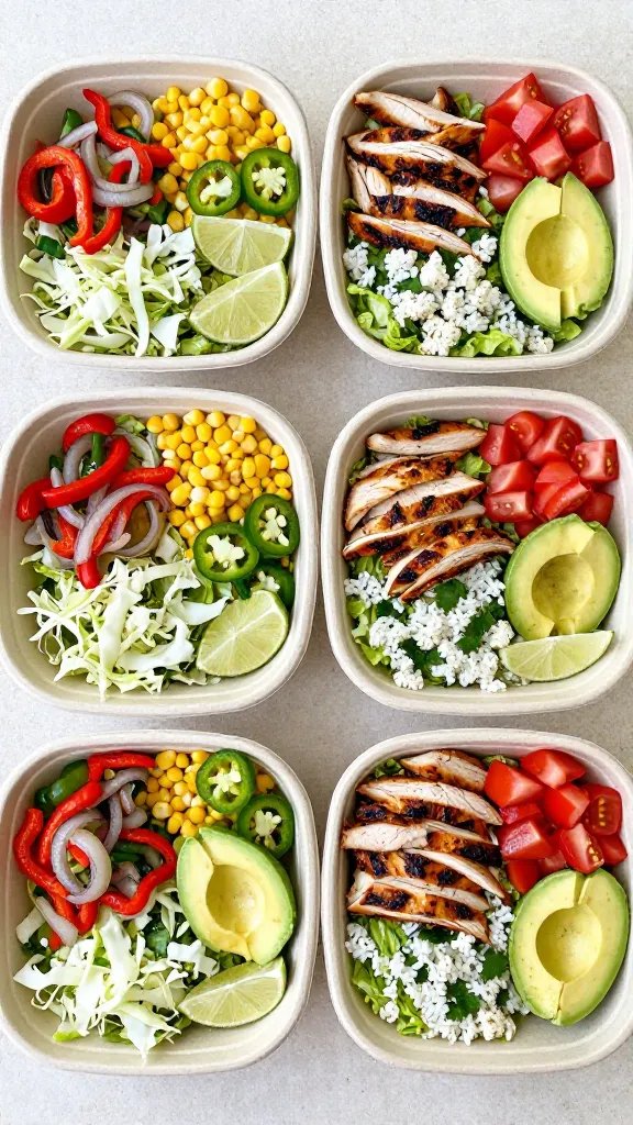 Meal-prep style layout of four light fajita bowls ready to serve: each container has a base of chopped romaine and cilantro-lime cauliflower rice, topped with neatly arranged sections of charred chicken strips, sautéed peppers and onions, crunchy shredded cabbage, corn kernels, jalapeño slices, diced tomatoes, and avocado chunks, with lime wedges nestled on the side. Neutral stone countertop, overhead composition, bright natural lighting, fresh and colorful, no tortillas visible, no text.