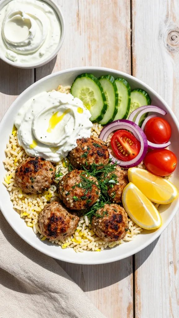 Overhead shot of a vibrant Greek turkey meatball bowl: golden-brown herb-speckled turkey meatballs piled over fluffy lemon zest-studded rice, with a generous swoosh of thick garlicky tzatziki on the side, a neat fan of thinly sliced crunchy cucumber, cherry tomatoes halved, ribbons of red onion, a sprinkle of chopped dill and oregano, lemon wedges tucked in, a light drizzle of olive oil glistening; served in a wide white ceramic bowl on a sunlit rustic light-wood table with a linen napkin and a small bowl of tzatziki nearby; bright, natural daylight, crisp detail, no text.