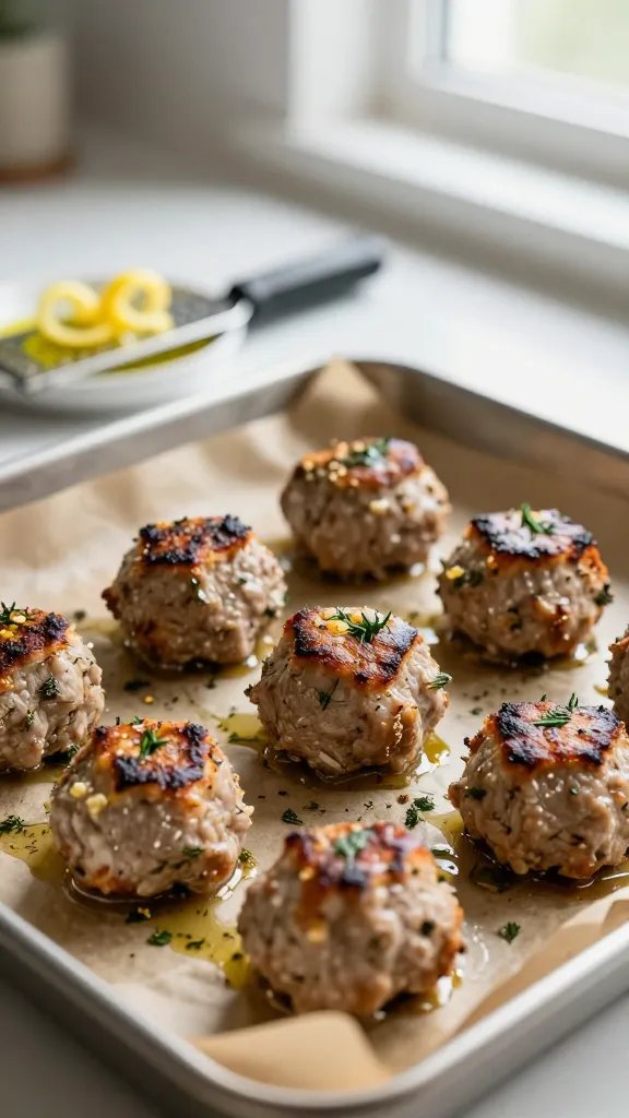 Close-up, shallow depth of field: freshly seared turkey meatballs on a parchment-lined sheet pan, visibly juicy with browned edges and flecks of dill, oregano, and lemon zest; a small dish of olive oil and a microplane with curling lemon zest in the background; soft window light highlighting texture; neutral, minimal kitchen backdrop; no text.