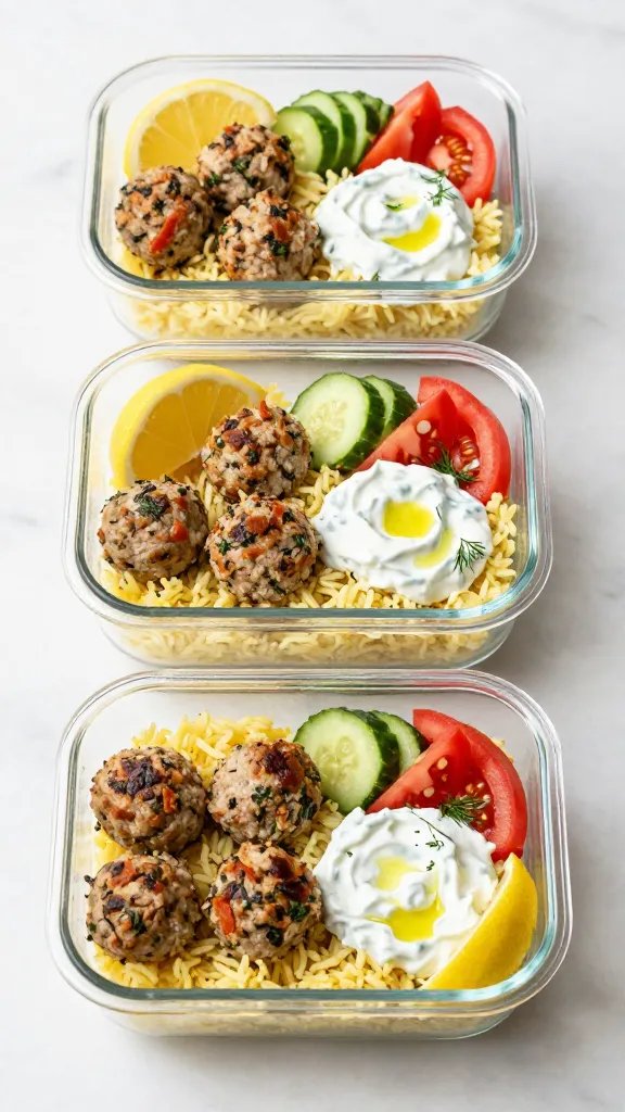 Meal-prep lineup: three clear glass containers arranged diagonally, each with compartments holding lemon rice, 3–4 herb-loaded turkey meatballs, a dollop of thick tzatziki swirled with olive oil, sliced cucumber and tomato salad, and a sprinkle of fresh dill; lemon wedges included in each container; photographed from a 45-degree angle on a clean marble surface with subtle shadows; bright, airy lighting; no text.