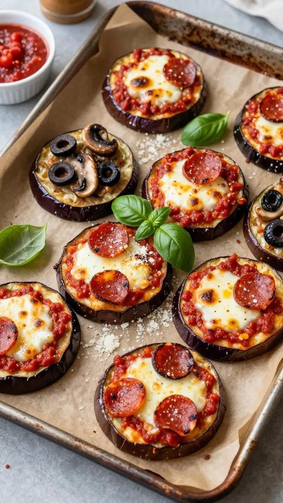 Overhead shot of a rustic sheet pan lined with parchment, filled with golden-brown, crispy eggplant rounds topped like mini pizzas: a thin layer of bright red marinara, melted mozzarella with browned bubbly spots, and small crisped pepperoni slices. A few rounds have alternative toppings like sliced black olives and sautéed mushrooms. Fresh basil leaves scattered on top, a little grated Parmesan dusted around, with a small bowl of marinara and a ramekin of red pepper flakes on the side. Warm, natural kitchen light, shallow depth of field, no text.