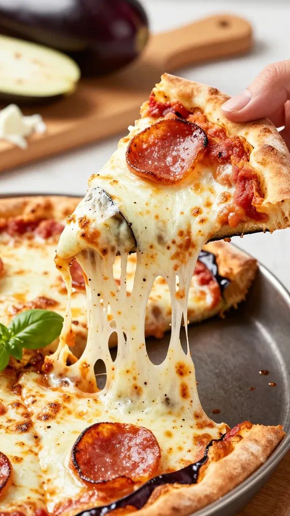 Close-up, 45-degree angle of a hand lifting an eggplant pizza bite to show stretchy melted mozzarella pulling from the pan. The eggplant slice is slightly charred at the edges, visibly seasoned, with glossy marinara beneath the cheese and a curled, crispy pepperoni on top. Background shows a blurred wooden cutting board with a halved globe eggplant, a small pile of grated mozzarella, and a sprig of basil. Bright, appetizing lighting emphasizing texture and crispiness, no text.