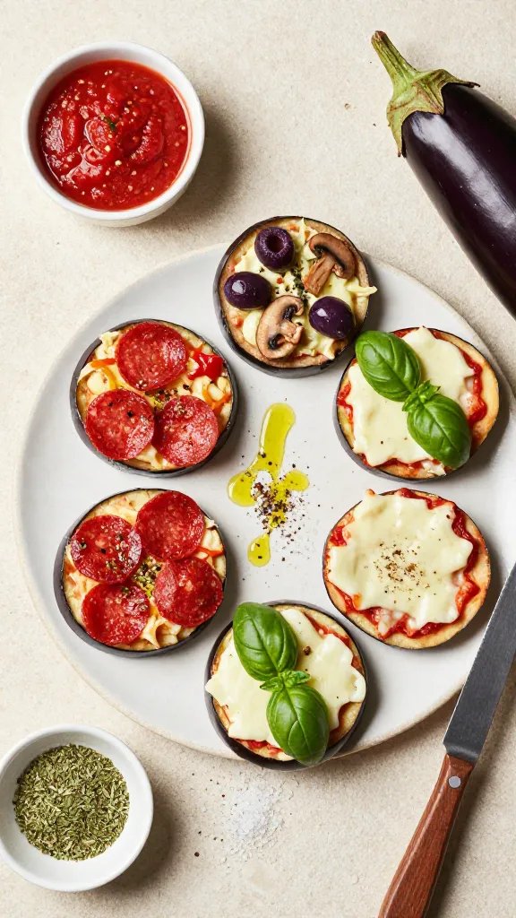 Overhead, clean composition on a light stone surface featuring a small platter arranged with an assortment of eggplant pizza bites in different topping combos: pepperoni, olive-mushroom, and plain Margherita with basil. Garnishes include a drizzle of olive oil, cracked black pepper, and sea salt flakes. Surrounding elements: a small bowl of marinara, a tiny dish of dried oregano, and a knife next to a partially sliced eggplant. Fresh, modern food styling with vibrant colors, no text.