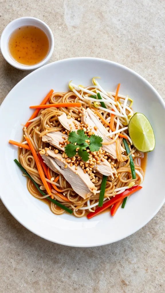 Overhead shot of a light, healthy chicken pad Thai plated in a wide, shallow white bowl: glossy rice noodles lightly coated in a tangy-sweet sauce, thin slices of lean chicken breast, vibrant julienned carrots, bean sprouts, scallions, and red bell pepper strips, sprinkled with crushed roasted peanuts and fresh cilantro, lime wedges on the side, a small ramekin of tamarind-lime-fish sauce nearby, minimal oil sheen, bright natural daylight on a textured stone surface, clean modern food photography, no text.