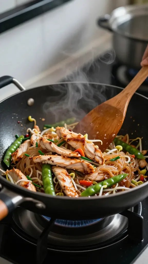Action close-up of a nonstick wok on a stovetop: lean chicken breast strips searing with light browning, then being tossed with semi-translucent rice noodles and a lighter pad Thai sauce (tamarind-lime-fish sauce blend) visibly glazing the noodles; add pops of color from snap peas, bean sprouts, and chives; wooden spatula mid-toss creating dynamic motion; shallow depth of field, steam rising, moody side lighting, modern kitchen background softly blurred, no text.